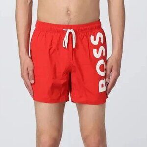 BOSS by Hugo Boss Men's Quick-Drying Large Contrast Logo Swim Shorts Red Size 2X